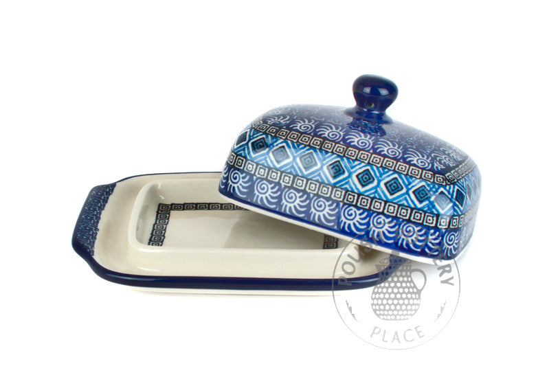 Large Butter Dish - Turquoise Tiles On Blue