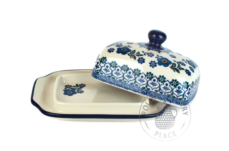 Large Butter Dish - Blue Primrose with Garden Fence
