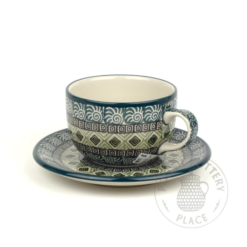 Cup & Saucer - Green Tiles on Green