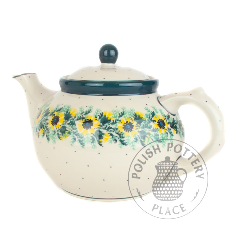 Round Teapot - 40 oz - Yellow Cornflowers on White