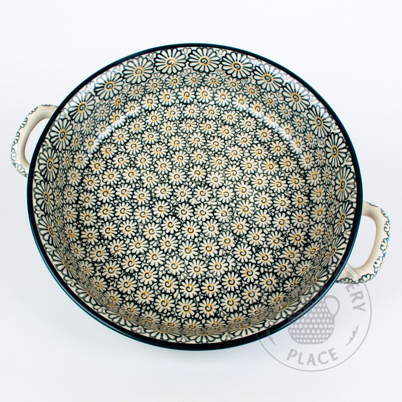 Large Round Baker with Handles - Green Daisies