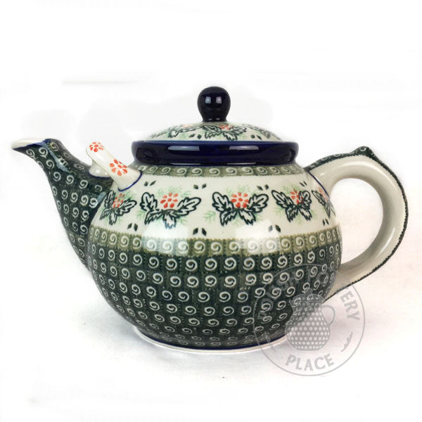Round Teapot with Handle - 96 oz - Orange Flowers & Green Swirls