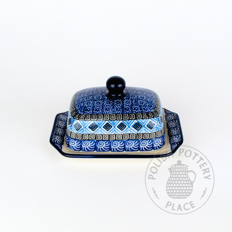 Small Butter Dish - Turquoise Tiles on Blue