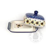 Small Butter Dish - Blue Leaf Sunflowers UNIKAT