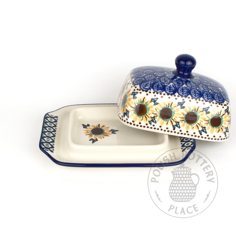 Small Butter Dish - Blue Leaf Sunflowers UNIKAT
