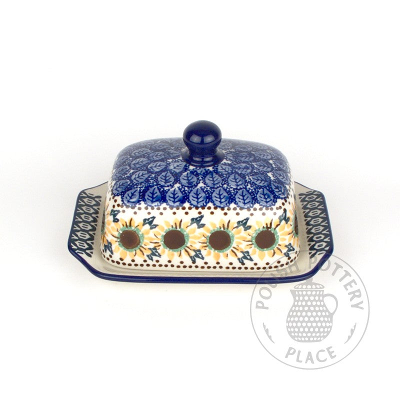 Small Butter Dish - Blue Leaf Sunflowers UNIKAT