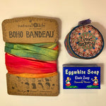Red and green bandeau, stitched jewelry box and eggwhite soap