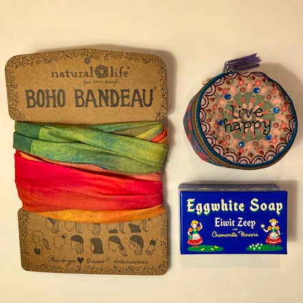 Red and green bandeau, stitched jewelry box and eggwhite soap