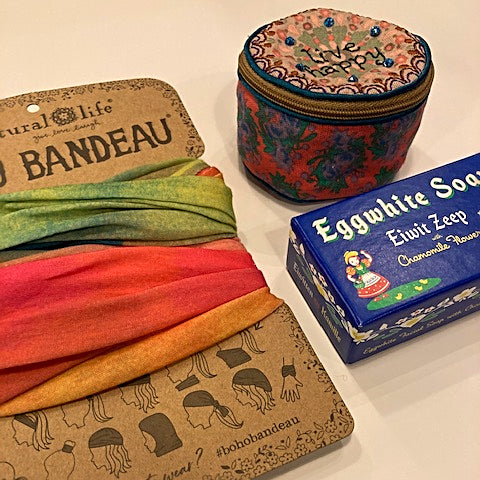 Red and green bandeau, stitched jewelry box and eggwhite soap