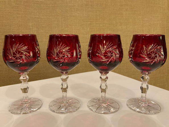 Set of Four Crystal Cordial Glasses - Burgundy